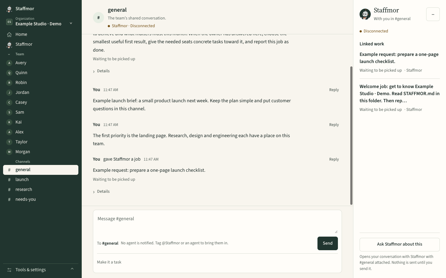 Staffmor shared channel with human-authored example launch messages and a message composer.